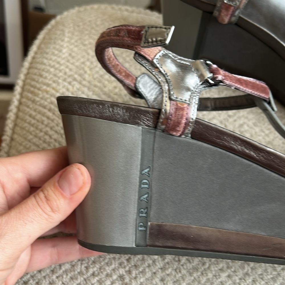 PRADA Metallic & Velvet Wedge Sandals - Picture 3 of 10
